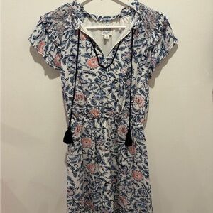 Blue Rain Blue and Peach Floral V-Neck Dress with Tassel Trim